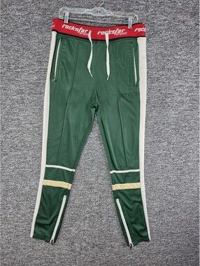 ROCKSTAR Original Men's Track Pants L Green/White/Red Colorblock Zip Pockets
